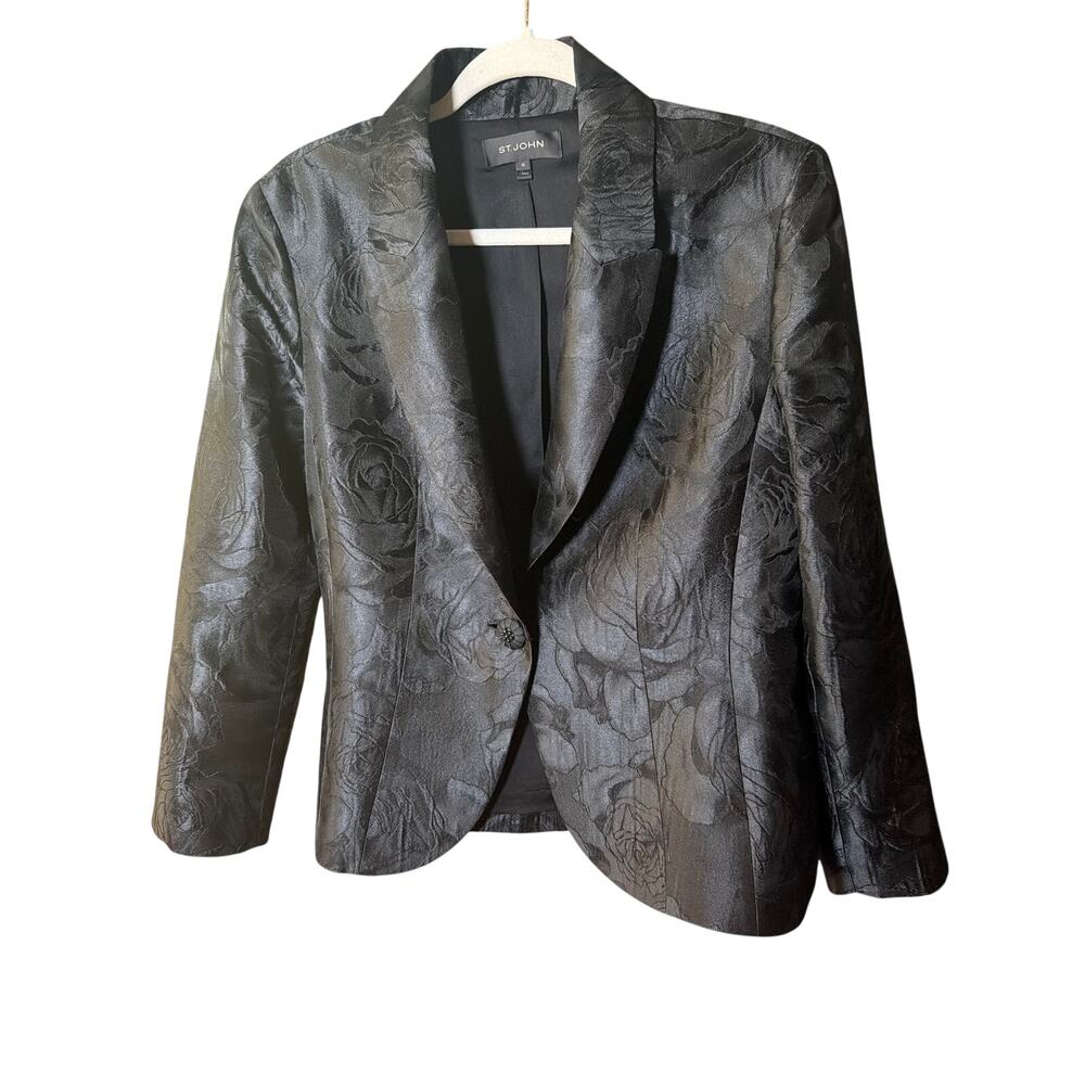 0236 St. John Black Floral Jacquard Blazer Jacket Size 10 One Button